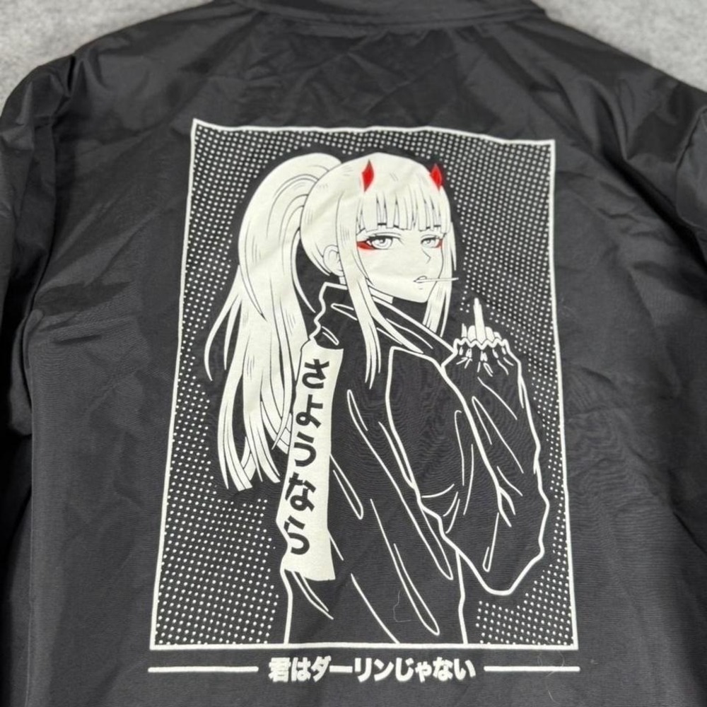 Anime Graphic Coach Jacket Black Streetwear Otaku Manga Snap Button Lightweight